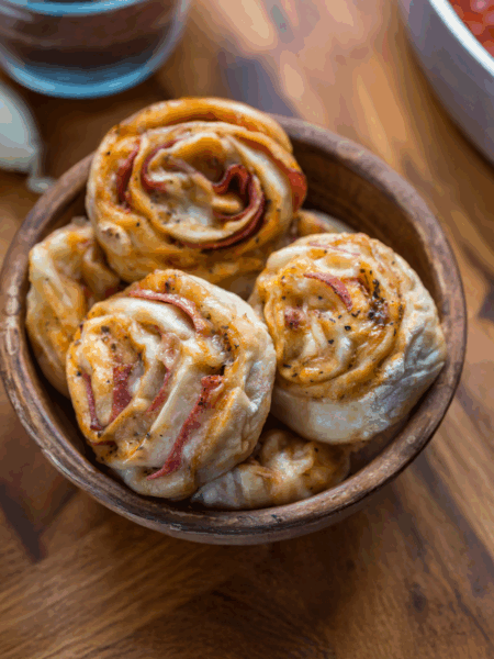 Fresh hot Vegan Pepperoni Pizza Rolls in a wooden bowl on a butcher block counter surrounded by delicious whole food ingredients.